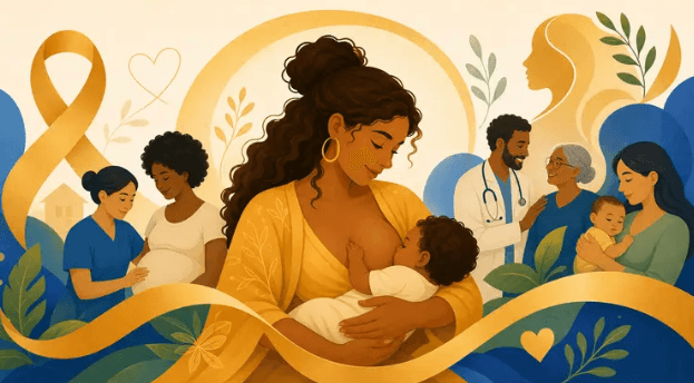 Ilustração do Agosto Dourado com mães, bebê, equipe de saúde e laço dourado